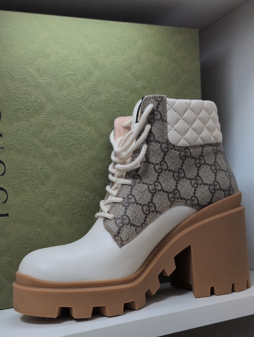 Quilted Cream Ankle Boot with Tan Lug Heel